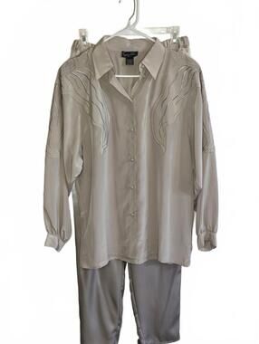 Vintage Suzelle Beige Satin Button-Up Shirt and Pants Set